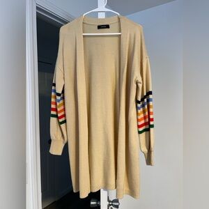 Striped Sleeve Beige Cardigan Sweater